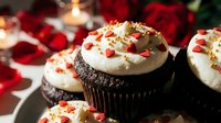 Chocolate cupcakes with white frosting and festive red heart sprinkles for Valentine's Day celebration and romantic dessert occasions.