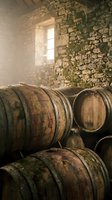 Wooden barrels stacked in rustic stone cellar with sunlight streaming through window, aged wine or spirits storage in historic winery or distillery setting.