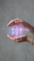Protective hands surrounding glowing human figures representing health insurance, life protection, and healthcare coverage concepts for business and medical use.