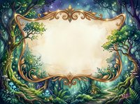 Enchanted forest frame with ornate golden borders and mystical woodland scenery, isolated on transparent background for design projects, invitations, and creative compositions.