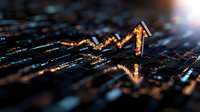 Glowing orange financial chart with upward arrow trend on dark digital background showing market growth and positive investment performance data analysis.