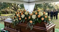 Elegant funeral casket with peach roses and white hydrangeas at outdoor memorial service. Professional funeral arrangement for sympathy and remembrance ceremonies.