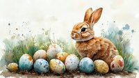 Watercolor Easter bunny sitting near decorated eggs in grass with soft blue and green background, spring holiday celebration artwork for seasonal designs.