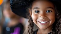 Happy African American girl in witch hat smiling at camera during Halloween celebration. Child costume party portrait with festive background bokeh.