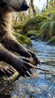 Primate hands reaching into clear forest stream water surrounded by lush green moss and ferns in natural woodland habitat for wildlife photography.