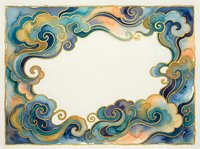 Watercolor oriental frame with swirling clouds in blue, gold, and teal tones, featuring an empty center for text or design elements.