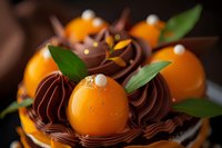Chocolate dessert with orange spheres, green leaves and white pearls on dark background, elegant pastry creation for gourmet restaurant menu presentation.