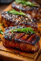 Juicy grilled beef steaks with rosemary sprigs on wooden cutting board, showcasing caramelized crust and seasoning for gourmet food photography.
