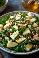 Fresh pear walnut salad with arugula leaves, parmesan cheese and honey dressing in ceramic bowl. Healthy autumn vegetarian meal for lunch or dinner.