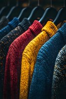Colorful knitted wool sweaters hanging on retail rack, featuring rich autumn colors of yellow, red, and blue. Close-up view shows detailed textile pattern and texture.