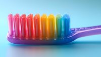 Vibrant rainbow colored toothbrush bristles in macro photography against blue background, showing dental hygiene and colorful design elements for health concepts.