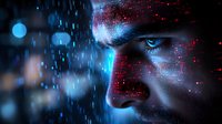 Futuristic digital woman face with glowing blue eye and red data streams in rain. Cyberpunk artificial intelligence concept for technology design.