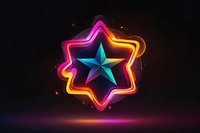 Glowing neon star shape with vibrant pink, orange and blue colors against dark background, floating with light effects and colorful energy trails.