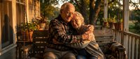 Happy senior African American couple embracing on front porch during golden hour sunset, showing love and togetherness in retirement years.