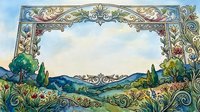 Watercolor ornate floral frame with scenic landscape, mountains, and colorful wildflowers, copy space for text or greeting card design.