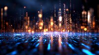 Futuristic digital landscape with glowing orange and blue light streams rising from reflective surface, creating abstract technological cityscape pattern.
