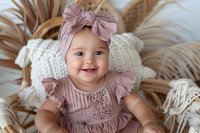 Smiling baby girl in dusty pink ruffle dress and matching bow headband sitting on cream knit blanket with dried palm leaves background, natural light portrait.