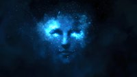Mystical cosmic face emerging from blue nebula and stardust against dark space background, creating ethereal celestial art effect for fantasy and spiritual designs.