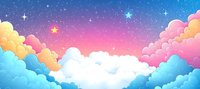 Dreamy sunset sky with fluffy clouds in pink, blue and yellow colors, sparkling stars creating magical atmosphere for children book illustrations.