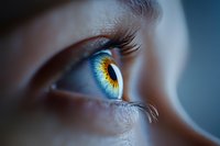 Close-up macro shot of human eye with vibrant blue iris and golden center, long eyelashes, detailed texture for medical, beauty and vision concepts.