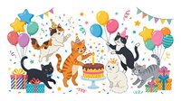 Cartoon cats celebrating with balloons, confetti, gifts, and cake at a festive party on white background, ready for children's designs, greeting cards, and celebration-themed projects.