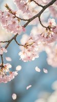 Delicate pink cherry blossoms on branches with soft blue sky background and falling petals creating dreamy spring atmosphere for seasonal designs.