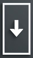 White downward arrow on dark gray background with soft shadow effect and white frame border. Minimalist design isolated for interface elements.