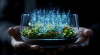 Magical glowing terrarium with blue luminescent particles floating above miniature garden landscape in glass bowl held by hands against dark background.
