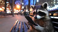 Curious raccoon holding smartphone on city bench at night with blurred urban lights and buildings in background, creating humorous modern wildlife scene.