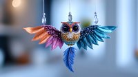 Colorful beaded owl suncatcher with spread wings in pink, orange, blue and purple hues, hanging from crystal drops against soft blurred background. Decorative home accent.