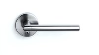Modern minimalist door handle in brushed stainless steel with circular rose mount isolated on white background, ready for interior design and architectural visualization.