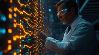 Asian male scientist in lab coat analyzing glowing orange data visualization particles, dramatic lighting, futuristic research laboratory setting with digital interface.