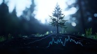 Lone pine tree silhouette on hill with glowing blue financial chart line graph below, mystical forest bokeh background creates dramatic market concept.