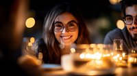 Young woman with long dark hair and glasses, South Asian ethnicity, smiling at evening dinner gathering with warm string lights and bokeh background, suitable for lifestyle, hospitality, and social event marketing.