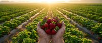 Fresh ripe strawberries cupped in farmer hands at sunrise over organic strawberry field rows. Agricultural harvest concept for healthy eating and farming.