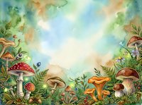 Watercolor illustration of various mushrooms and toadstools with ferns and foliage in enchanted forest setting, suitable for children's book illustrations, nature-themed designs, and woodland artwork.