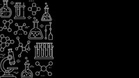 Chemistry laboratory equipment and molecular structures outline icons on black background for scientific research and education materials.