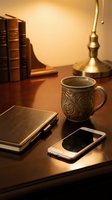 Cozy home office workspace with vintage books, ornate coffee mug, smartphone and brass desk lamp creating warm atmospheric lighting for productivity and relaxation.