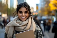 Young Hispanic businesswoman with bright smile wearing cozy scarf and holding laptop outdoors in autumn city environment with blurred bokeh lights.