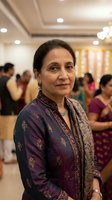 Mature South Asian woman in traditional purple embroidered outfit at cultural celebration event with family gathering in elegant banquet hall background.