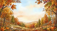Autumn landscape with golden trees, pumpkins and falling leaves creating natural frame for seasonal harvest celebration and fall foliage scenery.