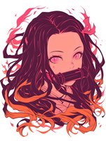 Anime style portrait of young woman with flowing dark hair and glowing pink eyes, mysterious expression behind hand, surrounded by dynamic red and orange flame-like elements.