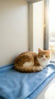 Orange tabby cat resting on blue blanket by sunny window. Cozy indoor pet relaxation scene with natural light streaming through glass for home decor.
