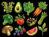 Healthy organic vegetables and fruits isolated on transparent background, including avocado, broccoli, tomato, carrots, asparagus, mushroom, berries and watermelon. Ready for clipart, t-shirt design, print-on-demand and sublimation projects.