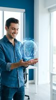 Young Caucasian businessman in denim shirt holding glowing digital brain hologram with network connections in modern office for AI and technology concepts.