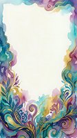 Watercolor frame with vibrant turquoise, purple, and gold ornamental borders featuring flowing botanical flourishes on white isolated background, ready for invitations and design projects.