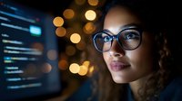 Young African American woman software developer wearing glasses working late at night with computer code reflection on lenses in modern tech office environment.