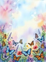 Watercolor butterflies and wildflowers frame with soft pastel background for spring greeting cards, wedding invitations and nature-themed designs.