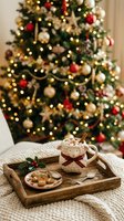Festive holiday scene with decorated evergreen tree, gold and red ornaments, wooden tray holding mug of hot chocolate with marshmallows, gingerbread cookies, and cinnamon stick on cream knit blanket.