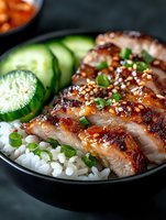 Grilled teriyaki pork belly slices served on white rice with fresh cucumber and green onions, garnished with sesame seeds in black ceramic bowl. Asian cuisine.